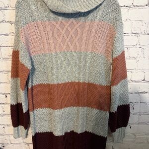 Long Striped Cable Knit Sweater - Pink, Gray, and Brown Size XS